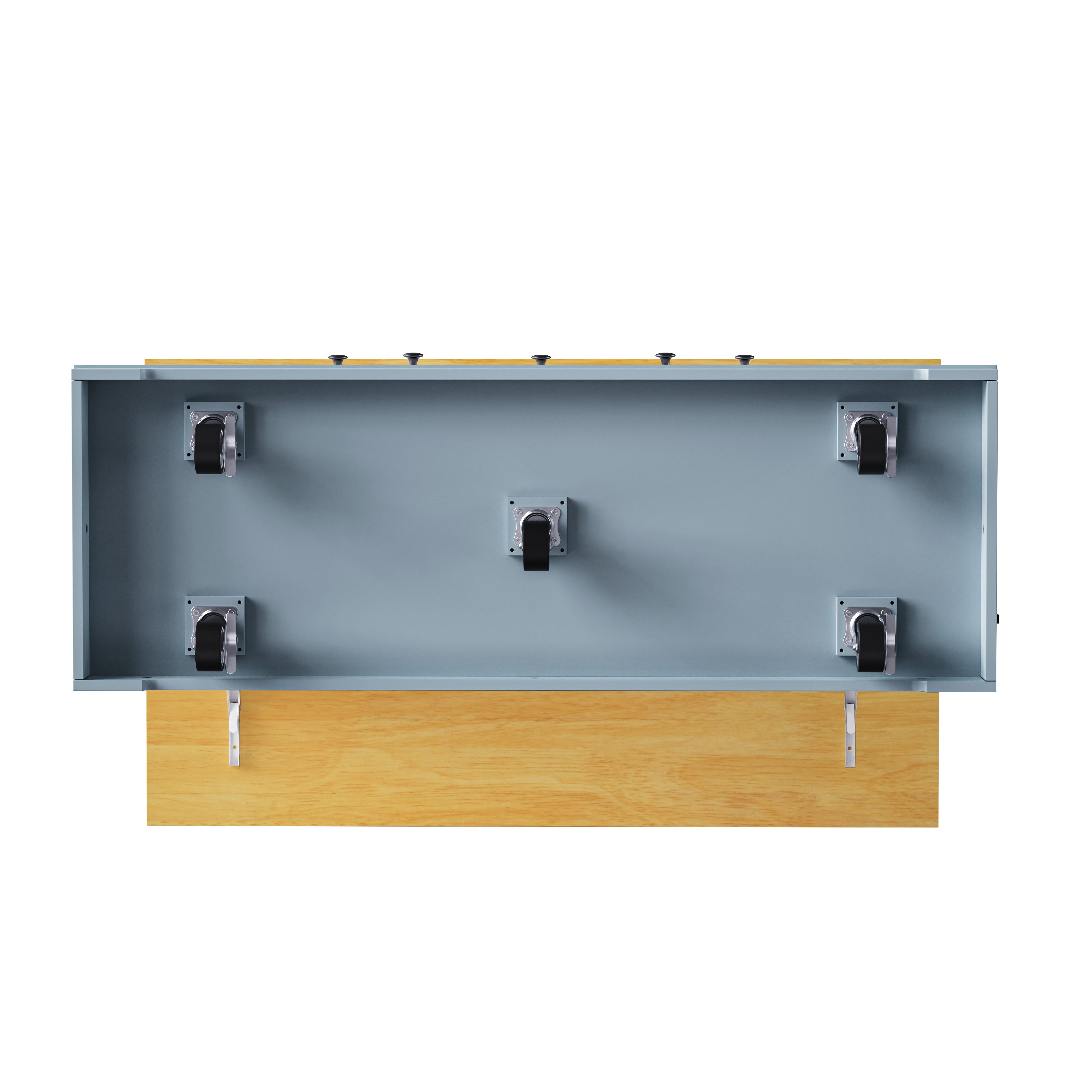 Close up detail view of Maui white kitchen island drawer with farmhouse groove panel design, black knob handle and smooth sliding rail on white background