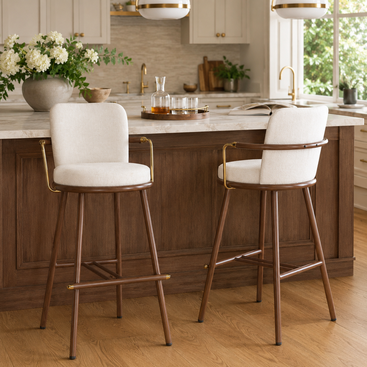 Mendoza 30" Upholstered Bar Stools with Arms and Walnut Frame Set of 2