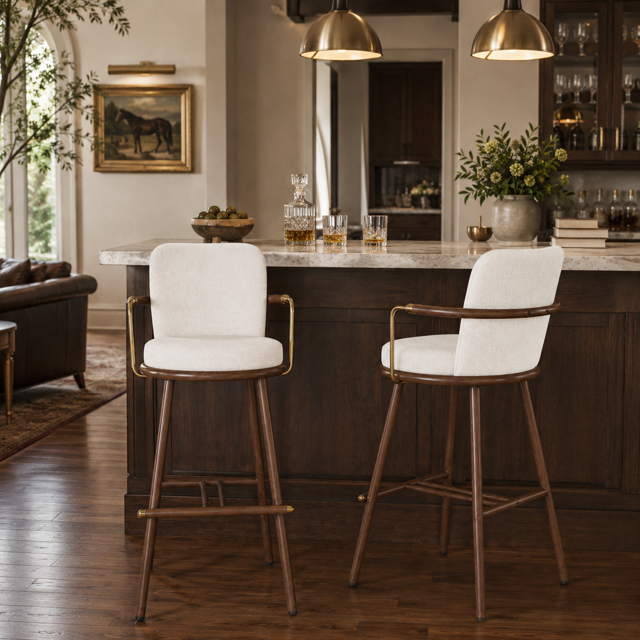 Mendoza 30" Upholstered Bar Stools with Arms and Walnut Frame Set of 2
