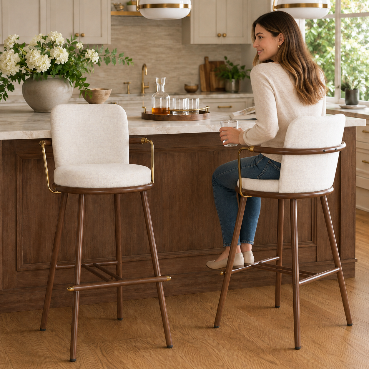 Mendoza 30" Upholstered Bar Stools with Arms and Walnut Frame Set of 2