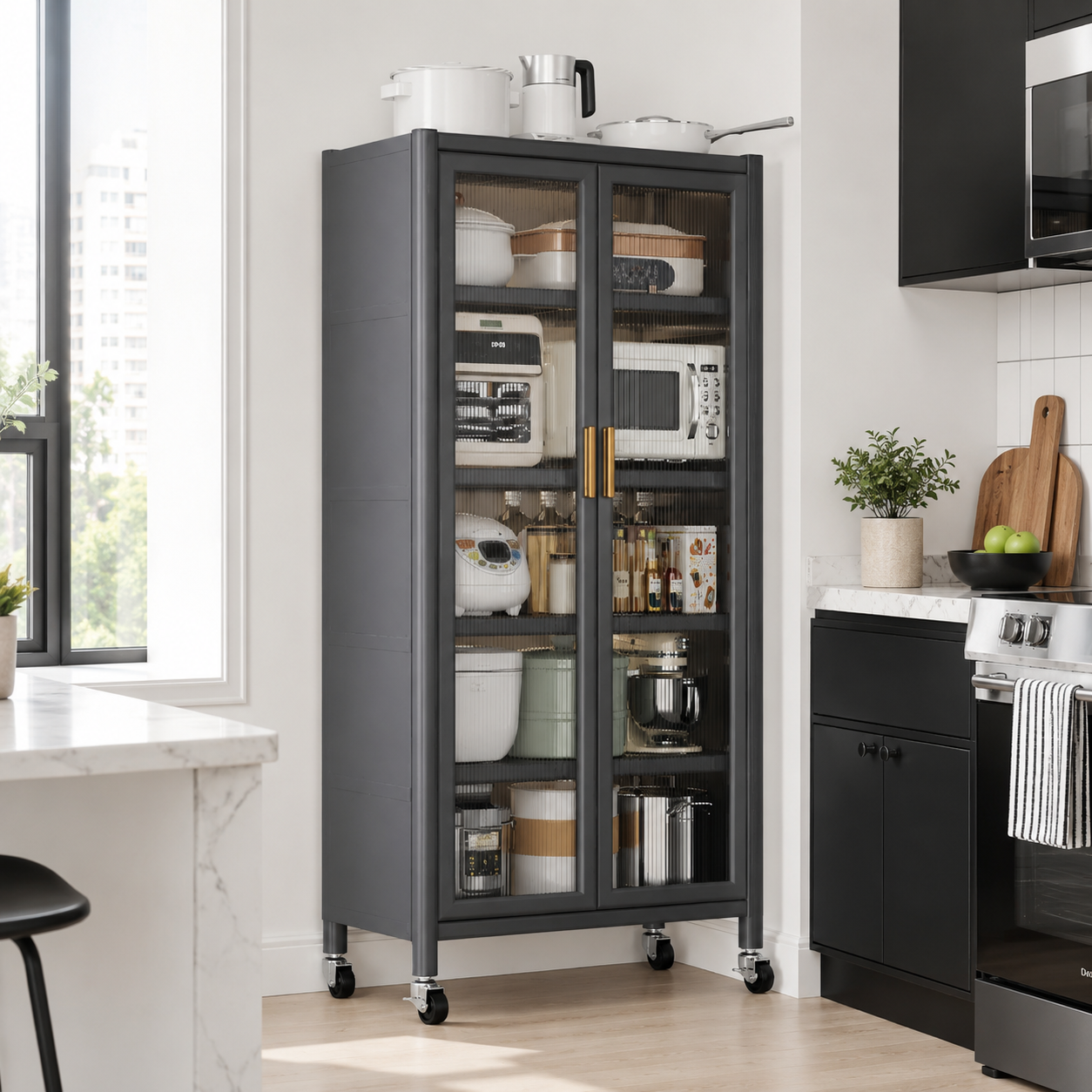 Mercato 65" Rolling Pantry Cabinet with Fluted Glass Doors