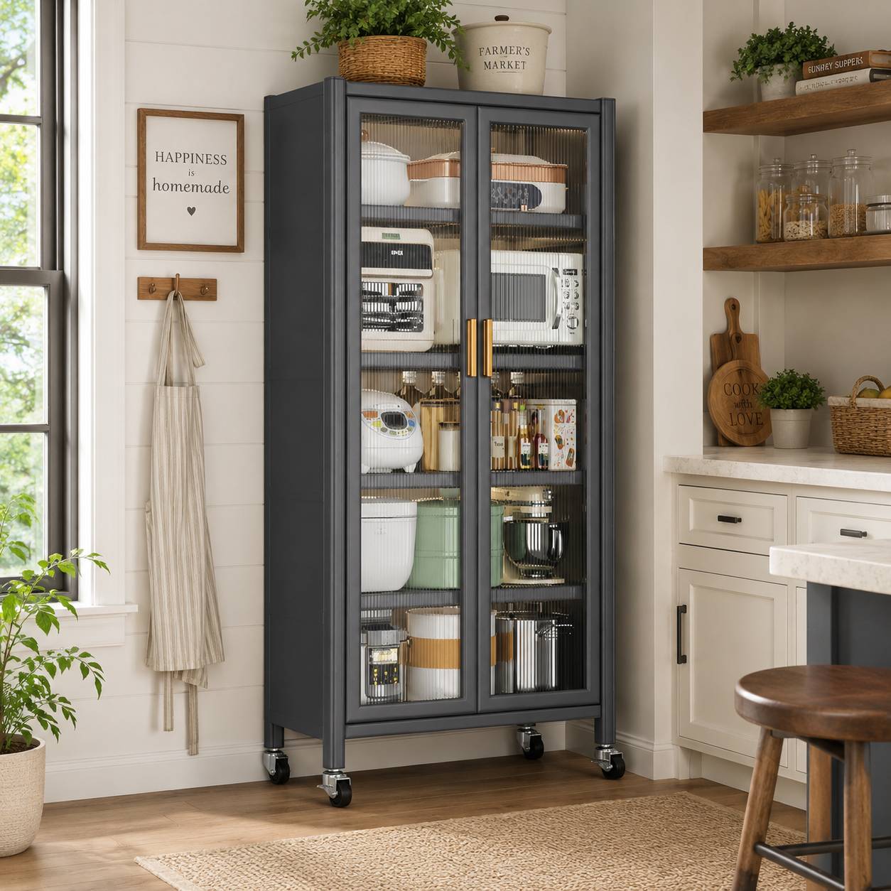 Mercato 65" Rolling Pantry Cabinet with Fluted Glass Doors
