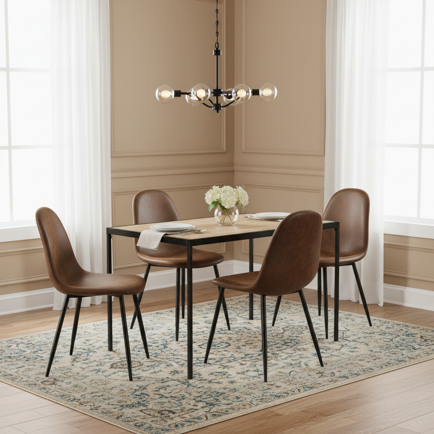 Homy Casa Milliken 5PC Dining Set 47” Oak Table with 4 Charlton Suede Brown Upholstered Chairs with Gold-Tipped Legs