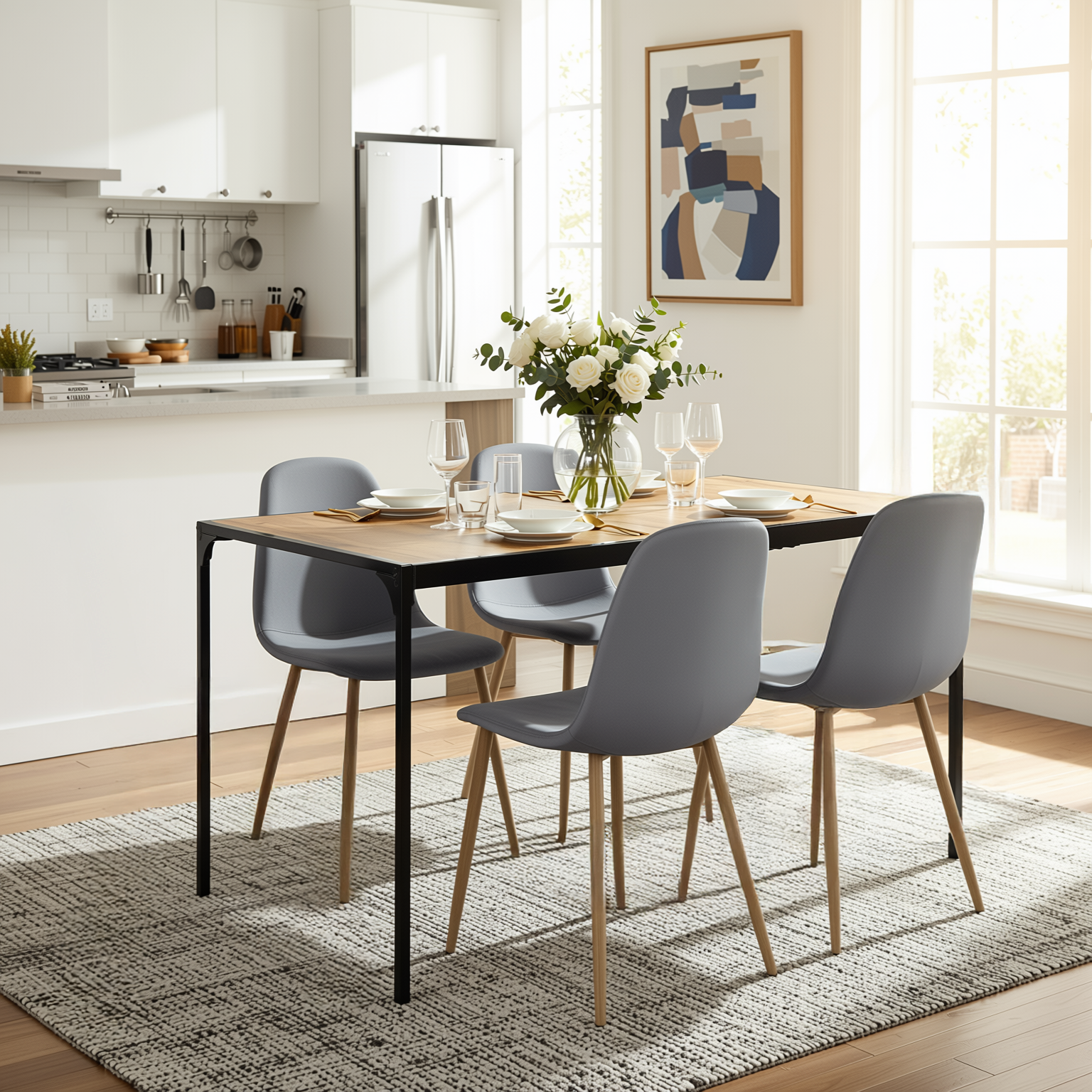 Homy Casa Milliken 5PC Dining Set 47.2” Oak Table with 4 Charlton Velvet Grey Upholstered Chairs