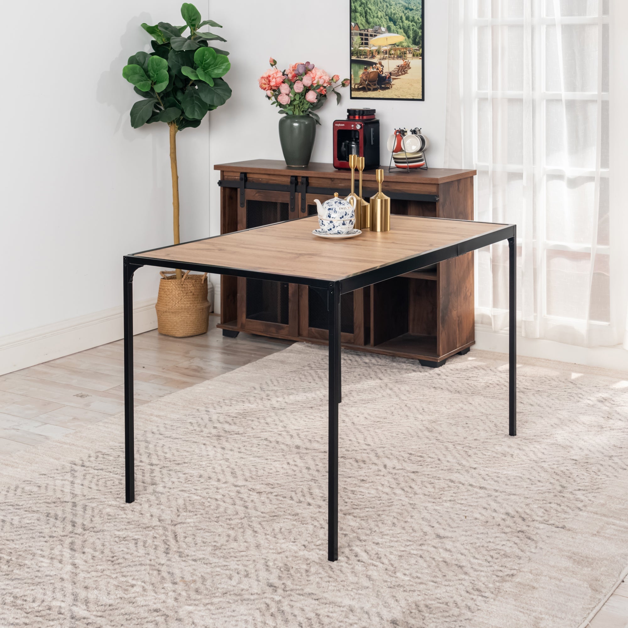 Homy Casa Milliken 5PC Dining Set 47” Oak Table with 4 Charlton Suede Brown Upholstered Chairs with Gold-Tipped Legs