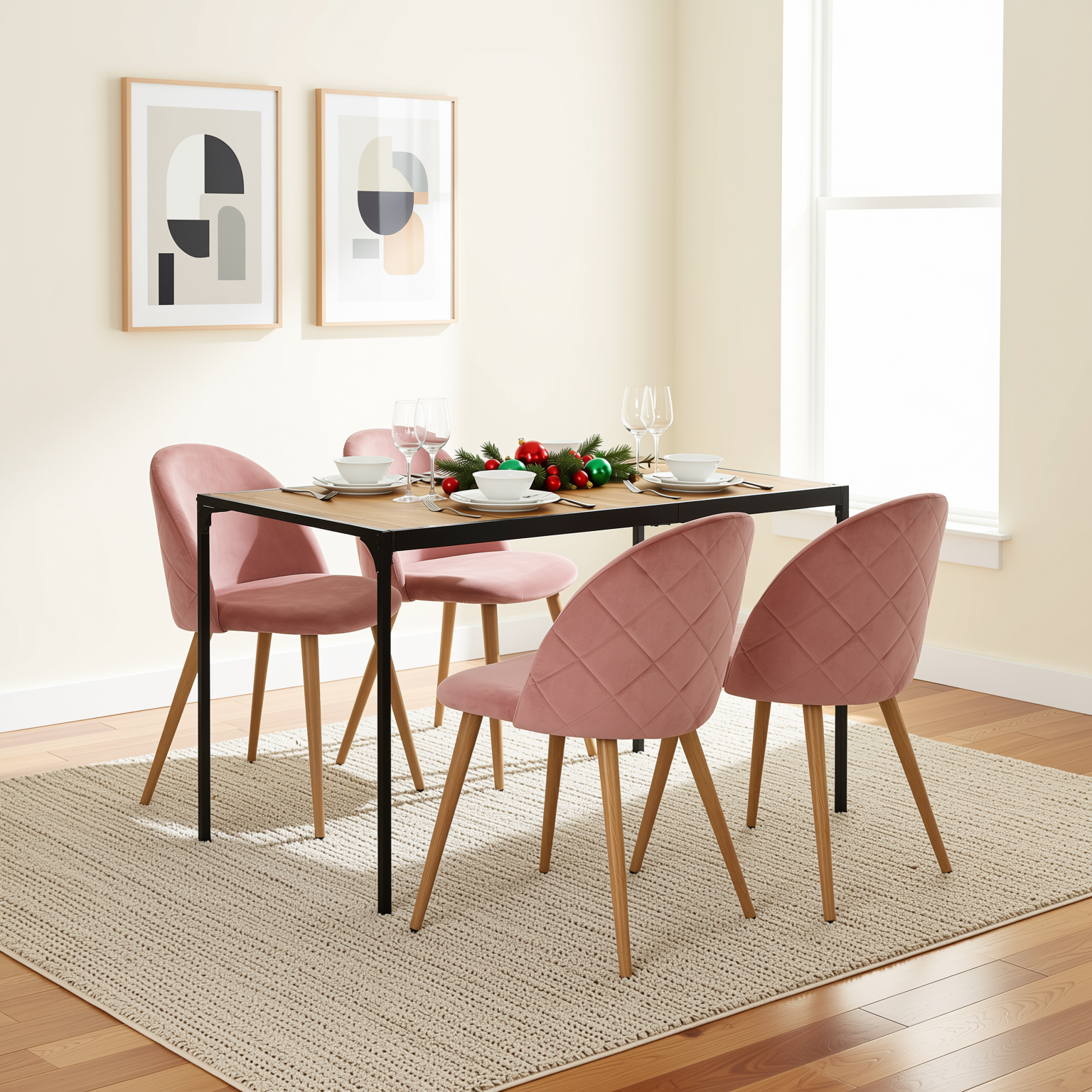 Zomba Upholstered Dining Chairs, Boucle or Velvet Fabric, Oak Metal Legs