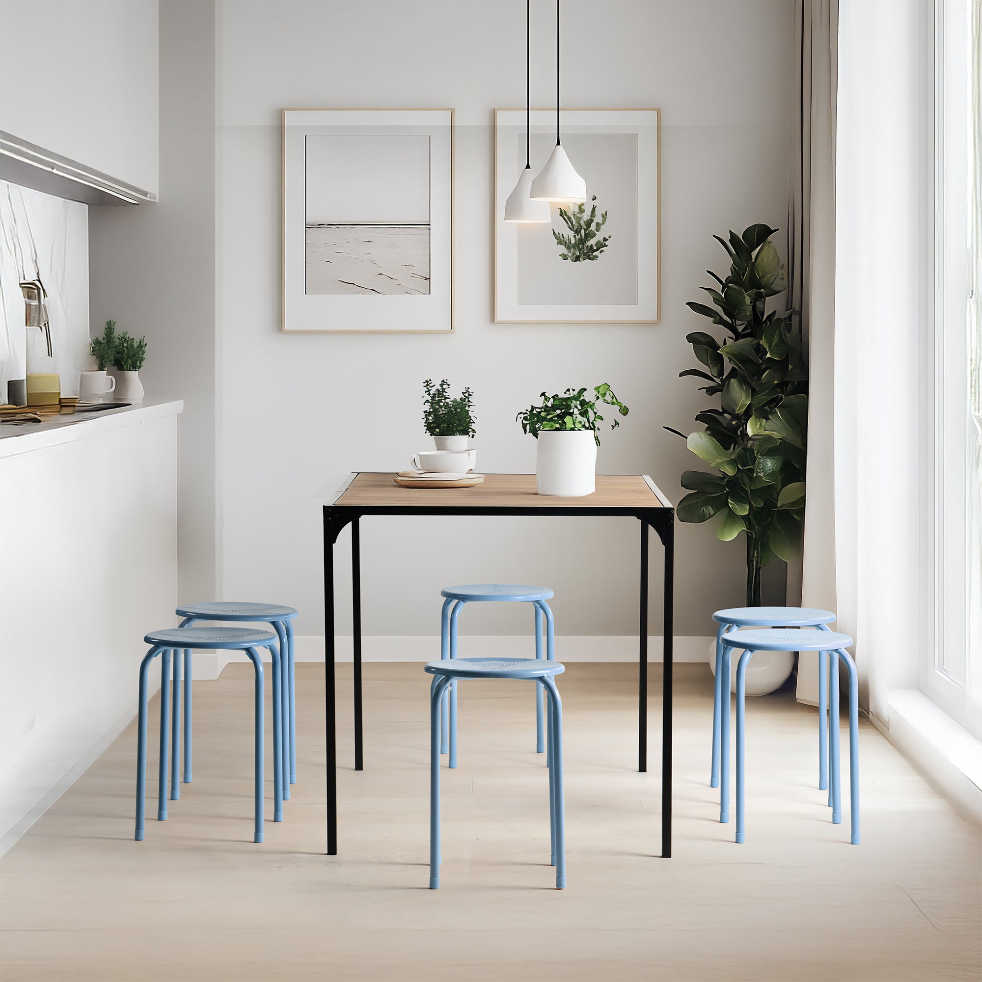 Homy Casa Lemon 6PC Metal Stackable Stools Morandi Blue Folding Eiffel Tower Perforated Seat
