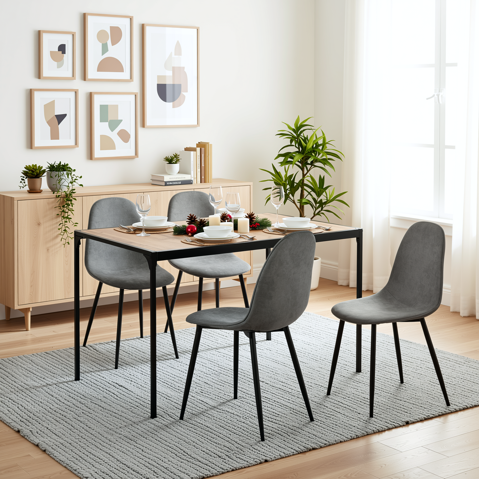 Homy Casa Milliken 5 Piece Dining Table Set 47” Table with 4 Charlton Grey Terry Upholstered Chairs