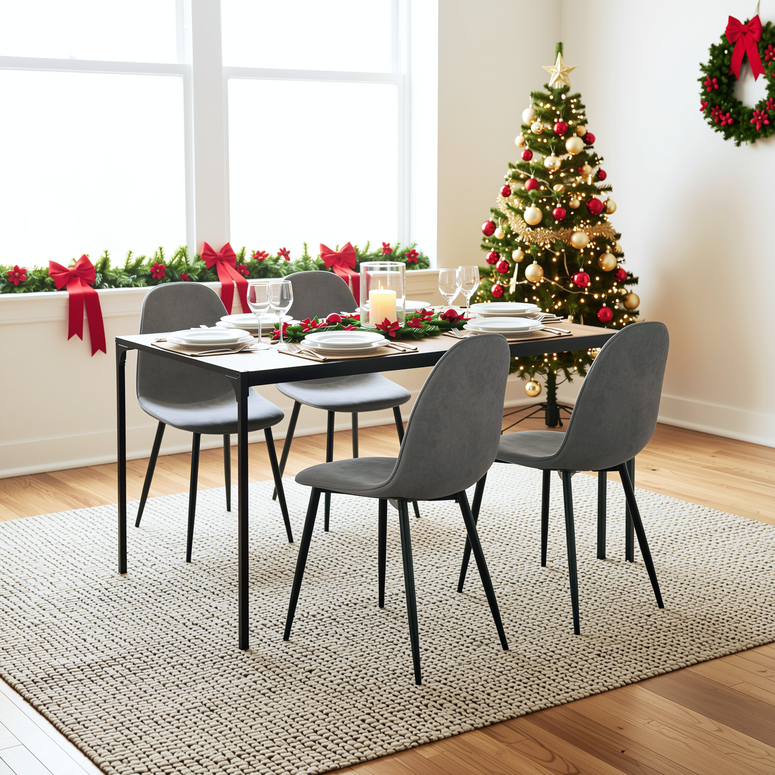 Homy Casa Milliken 5 Piece Dining Table Set 47“ Oak Table with 4 Charlton Velvet Grey Upholstered Chairs