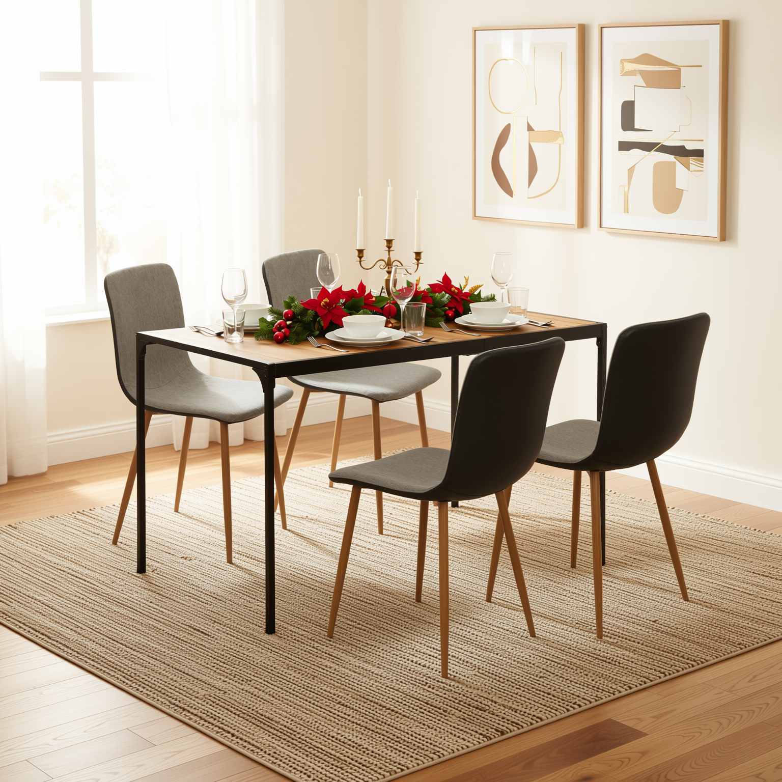 Homy Casa Milliken 5 Piece Dining Table Set with 4 Scargill Upholstered Chairs,Grey