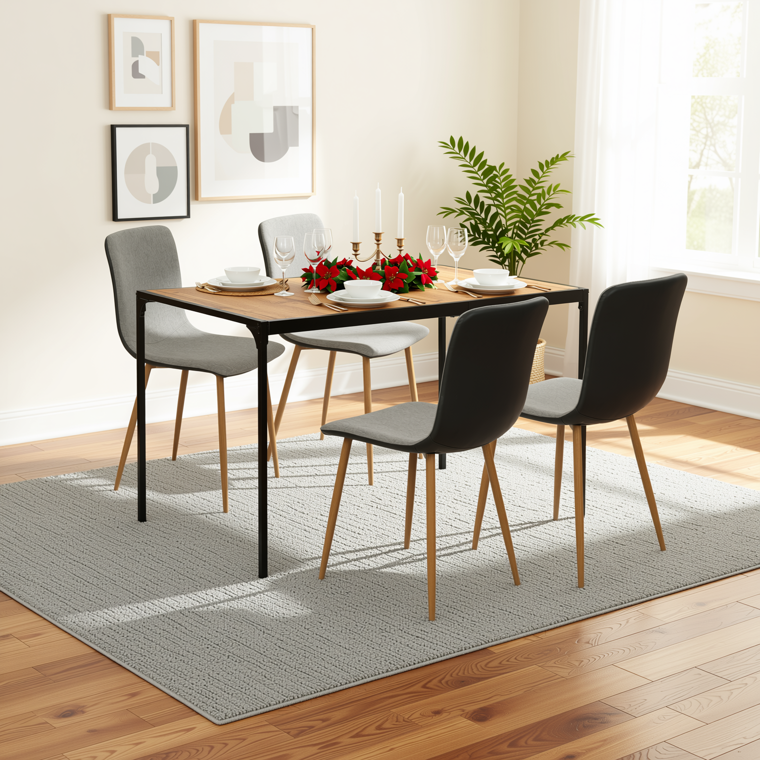 Homy Casa SCARGILL 4PC DARK GREY Modern Dining Chairs, Fabric Seat, Golden Steel Frame ,Open Box