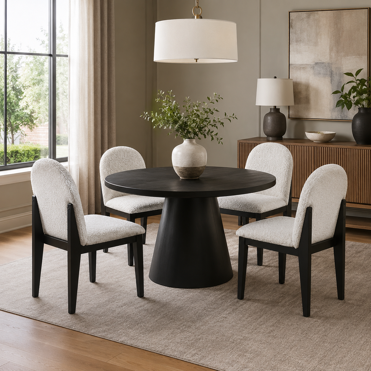 Montane 5-Piece Round Dining Table Set with Boucle Arched-Back Chairs