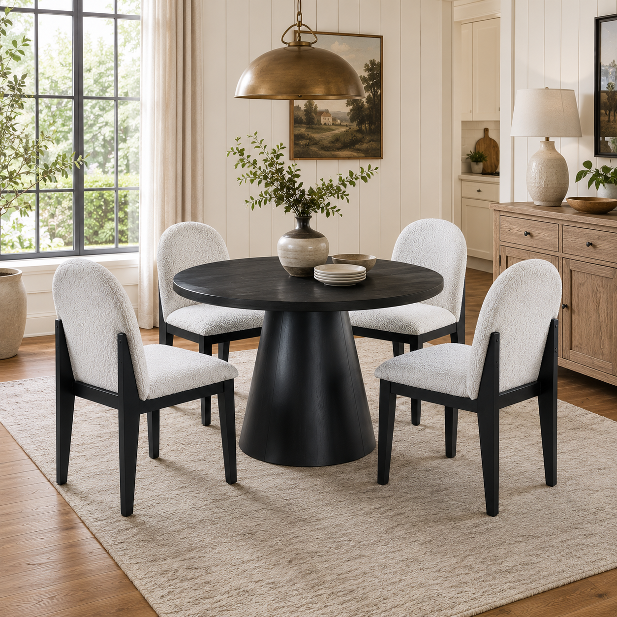 Montane 5-Piece Round Dining Table Set with Boucle Arched-Back Chairs