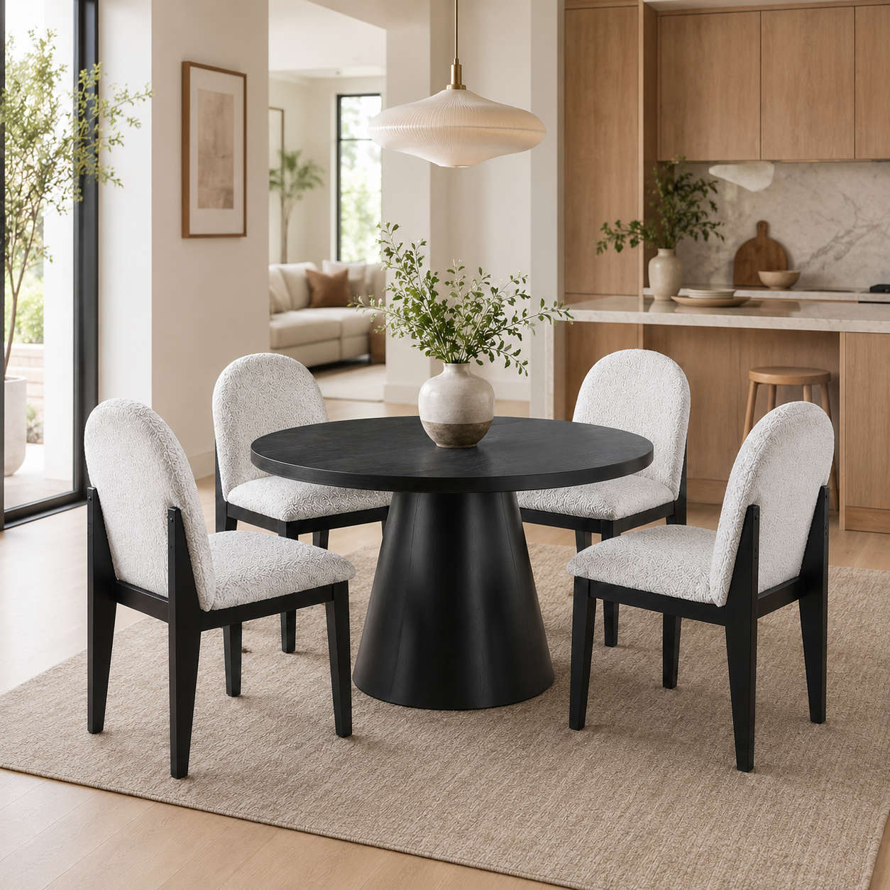 Montane 5-Piece Round Dining Table Set with Boucle Arched-Back Chairs