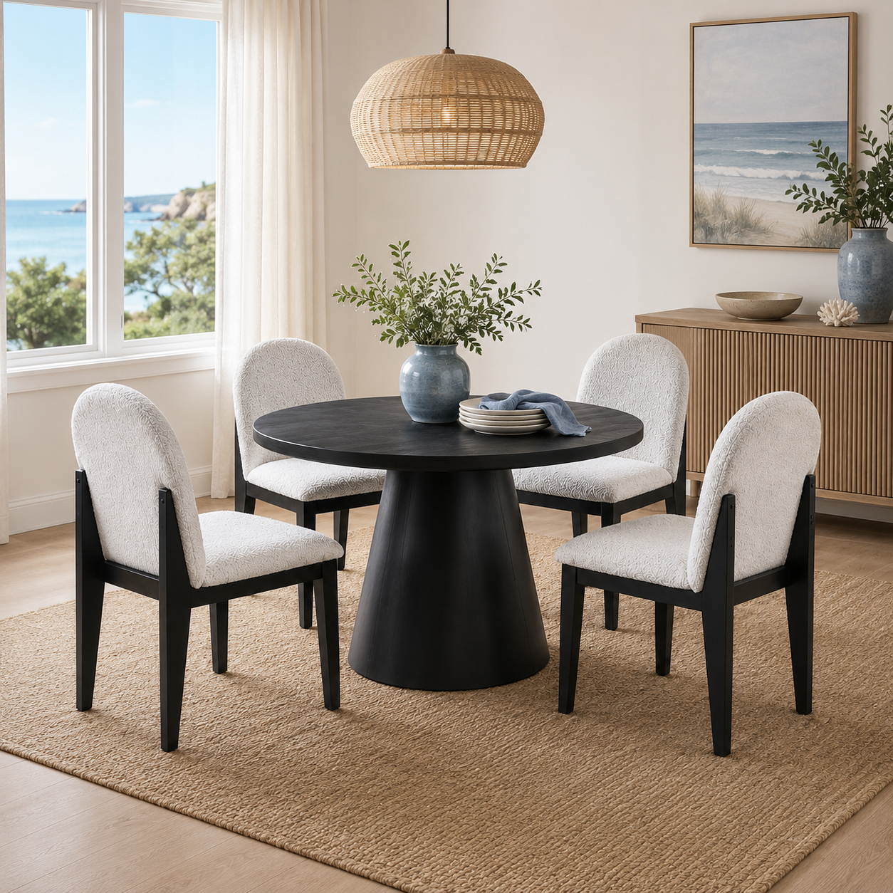 Montane 5-Piece Round Dining Table Set with Boucle Arched-Back Chairs