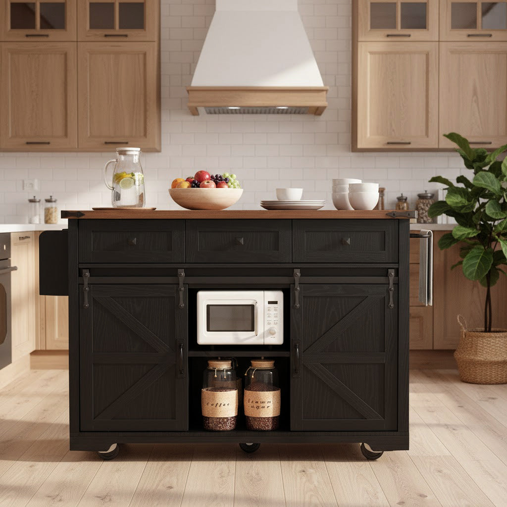 Vilnius 53.7" Farmhouse Kitchen Island Rolling Cart with Drop Leaf