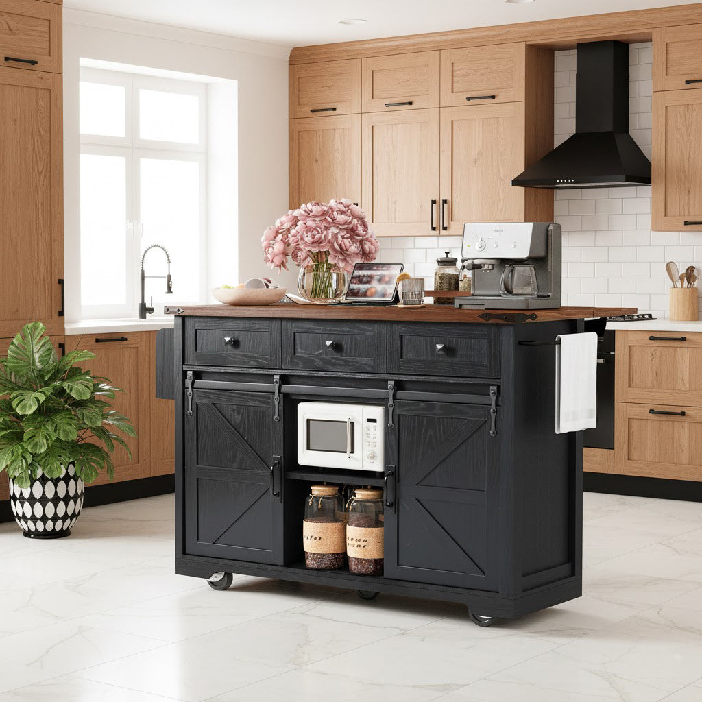 Vilnius 53.7" Farmhouse Kitchen Island Rolling Cart with Drop Leaf