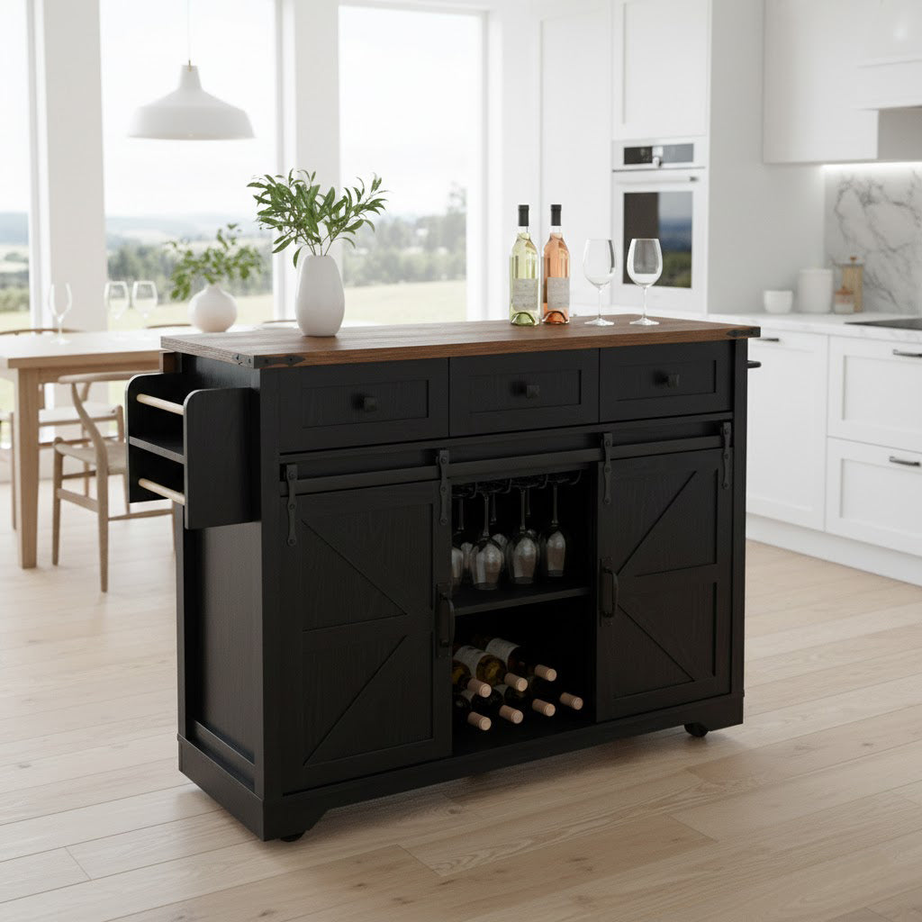 Vilnius 53.7" Farmhouse Kitchen Island Rolling Cart with Drop Leaf