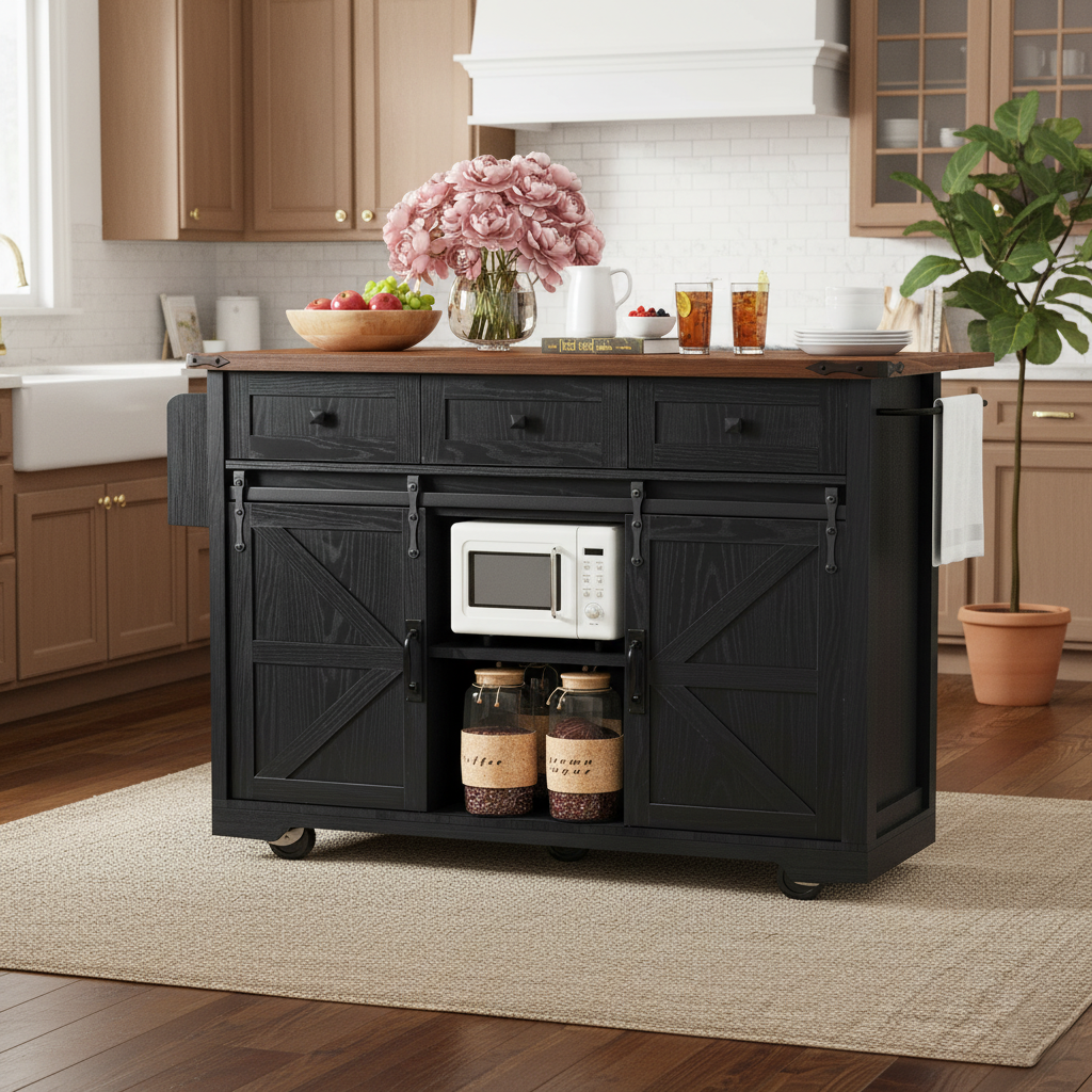 Vilnius 53.7" Farmhouse Kitchen Island Rolling Cart with Drop Leaf