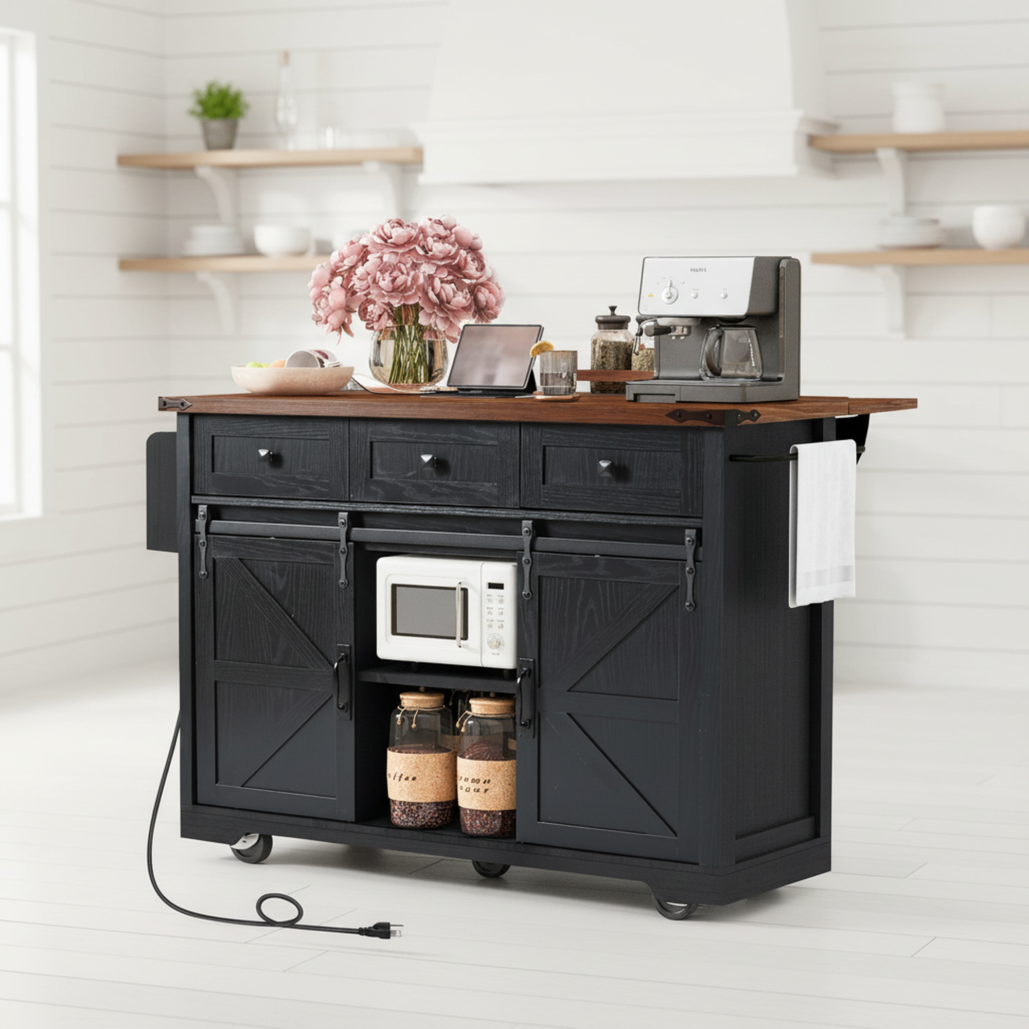 Arlena 55 Inch Farmhouse Kitchen Island with Power Outlet and Drop Leaf