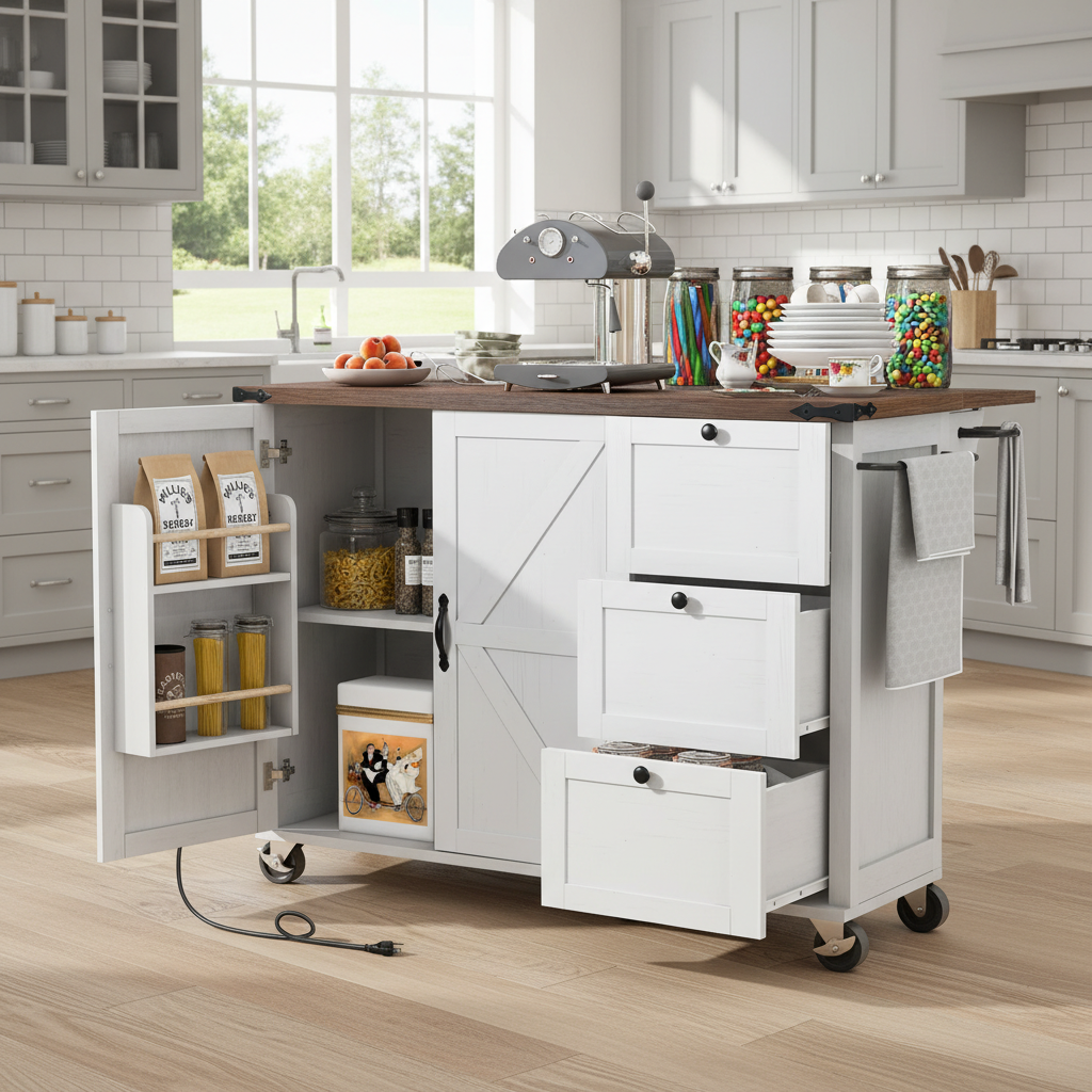 Graz 54.5" Farmhouse Kitchen Island Rolling Cart with Storage Cabinet
