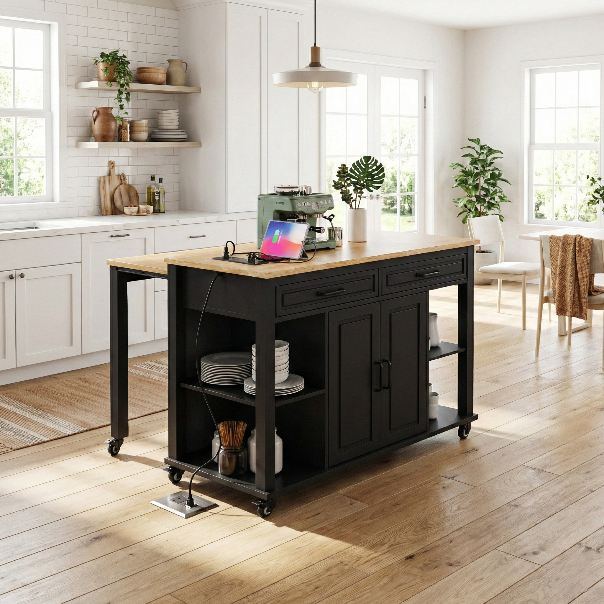 Athens 47" Rolling Kitchen Island with Extendable Dining Table and Power Outlet