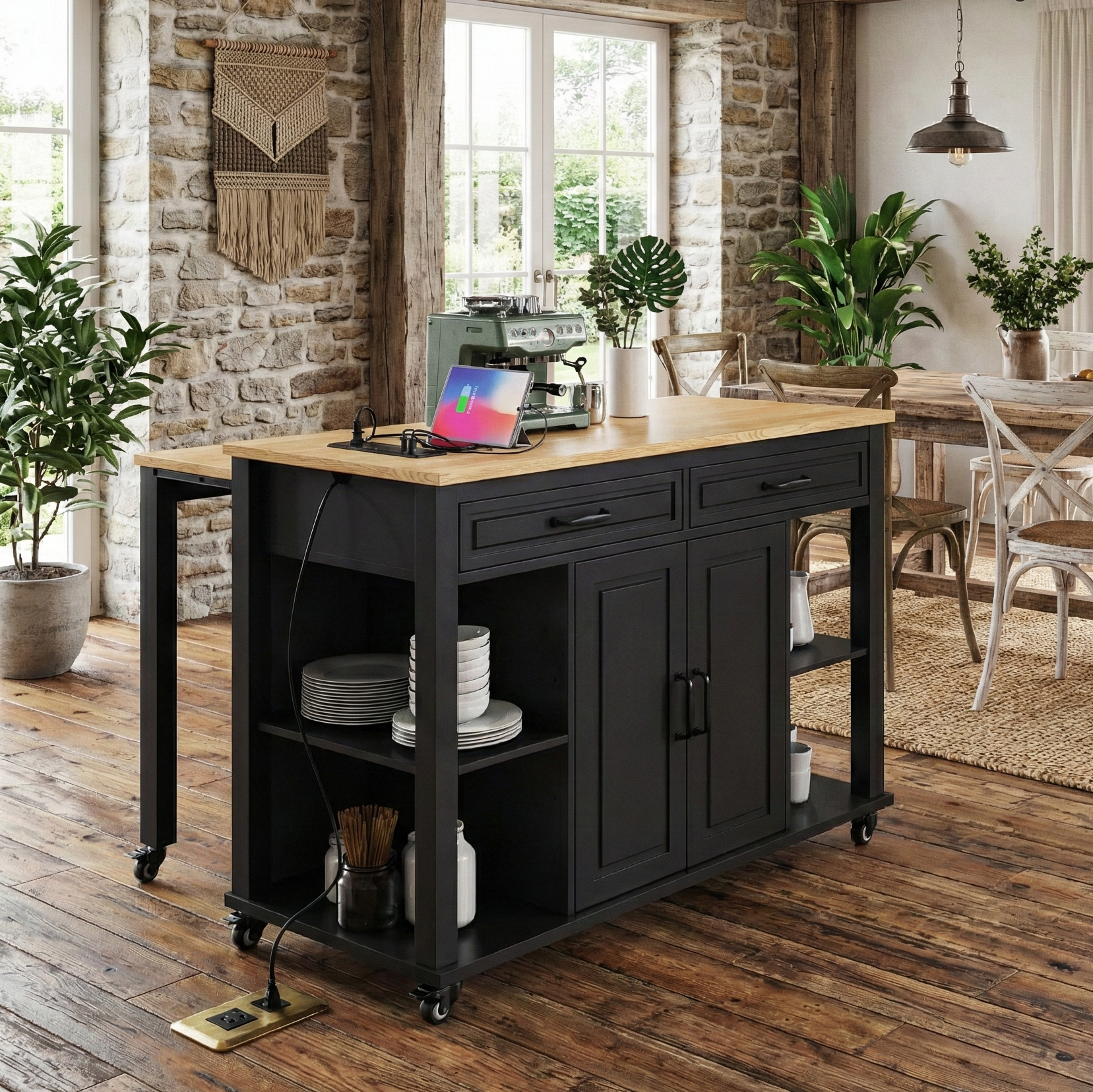 Athens 47" Rolling Kitchen Island with Extendable Dining Table and Power Outlet