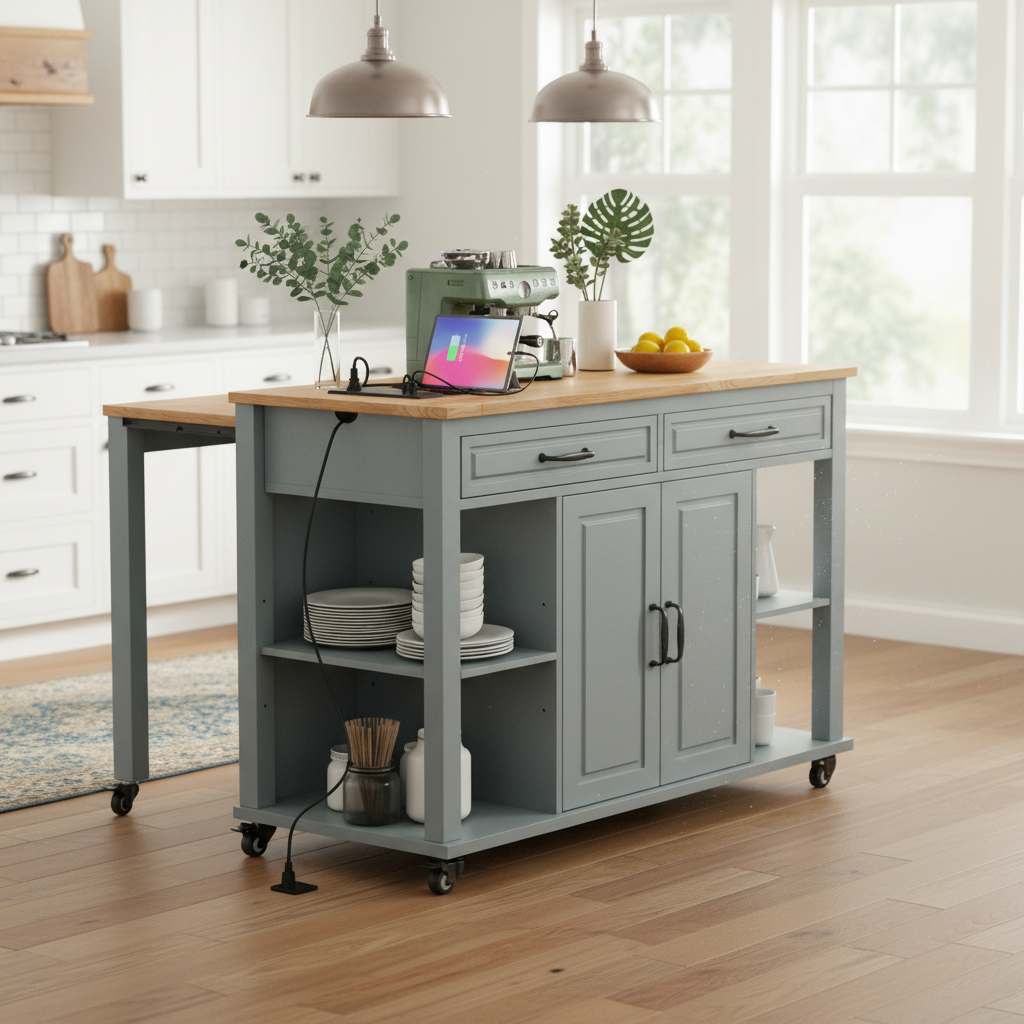 Athens 47" Rolling Kitchen Island with Extendable Dining Table and Power Outlet