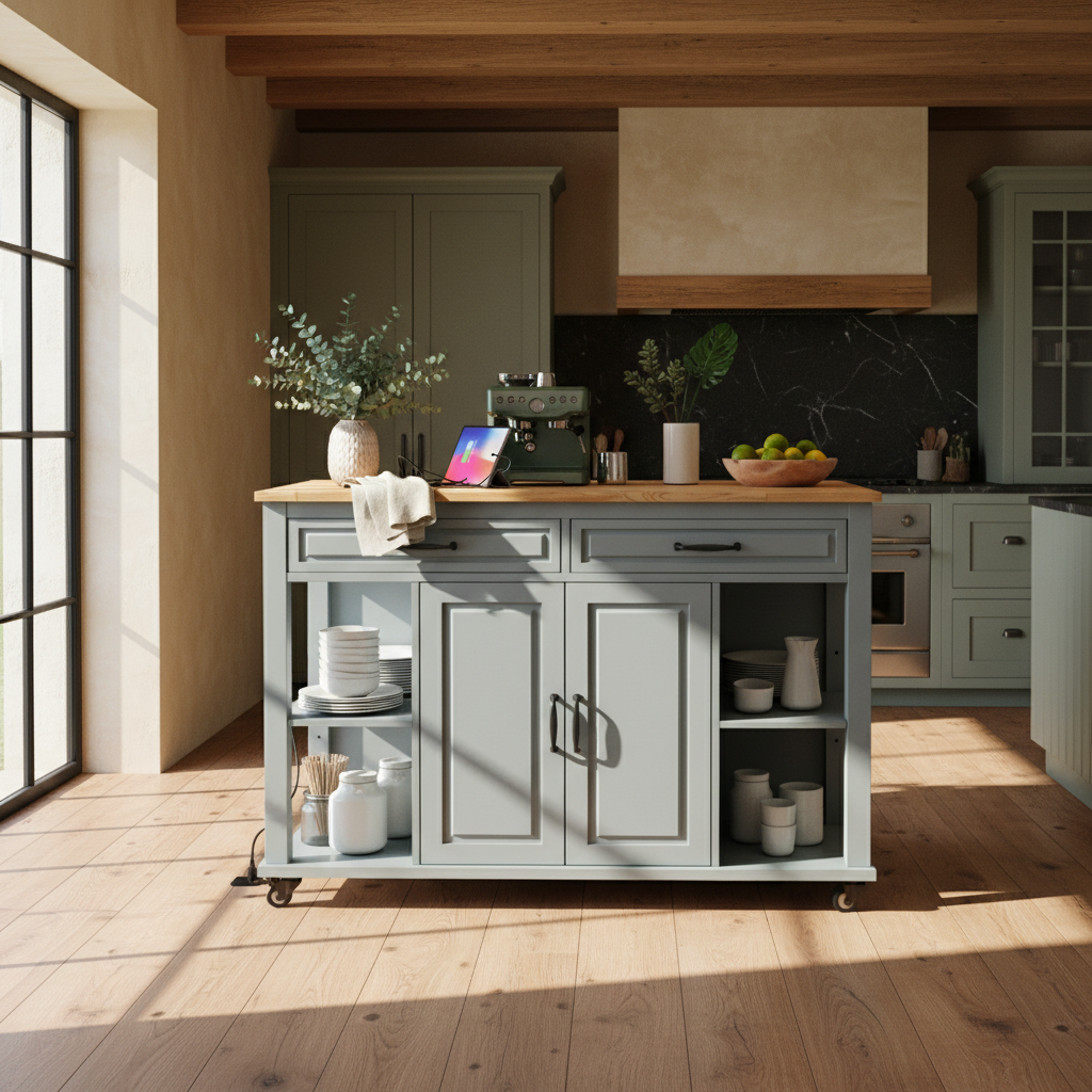Athens 47" Rolling Kitchen Island with Extendable Dining Table and Power Outlet