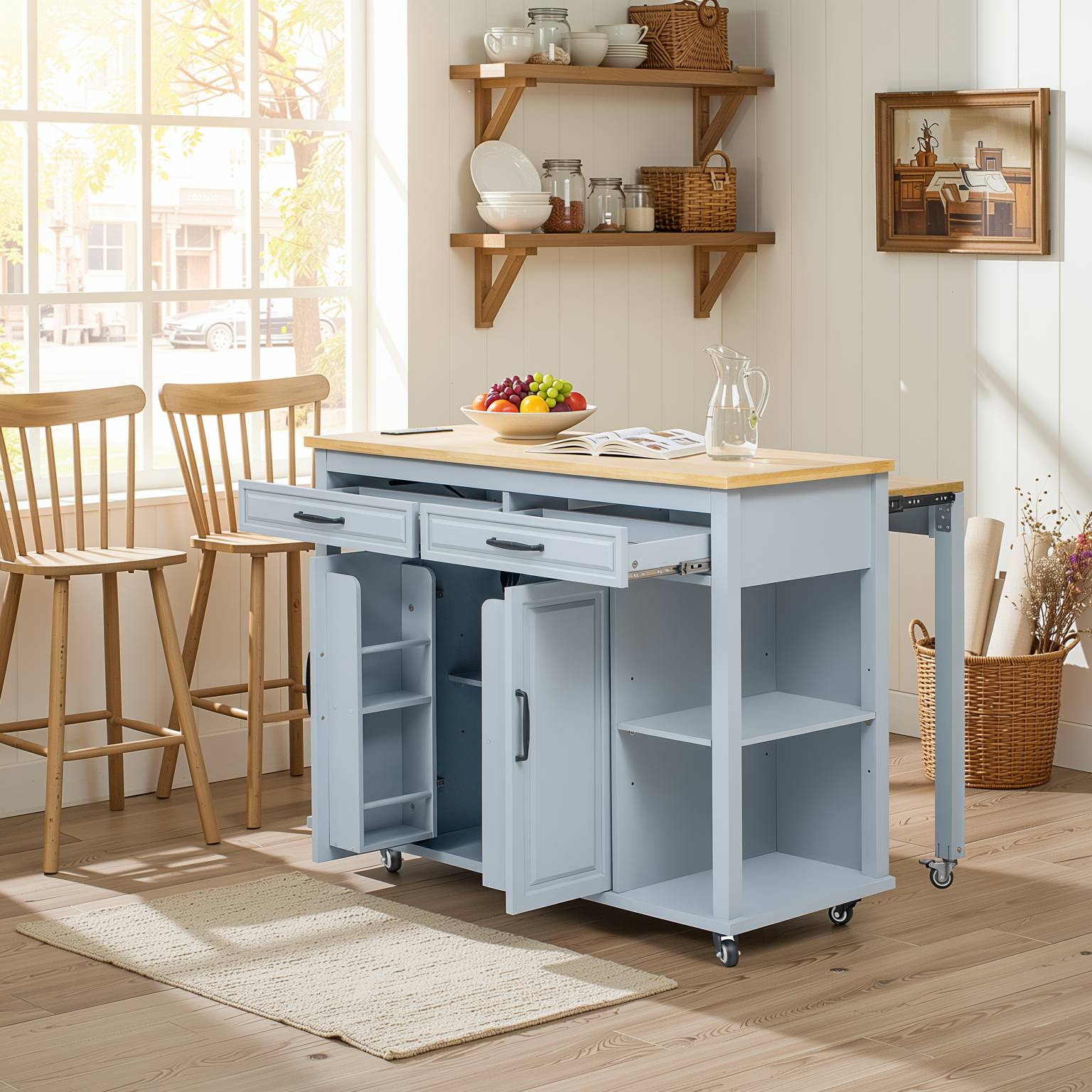 Athens 47" Rolling Kitchen Island with Extendable Dining Table and Power Outlet