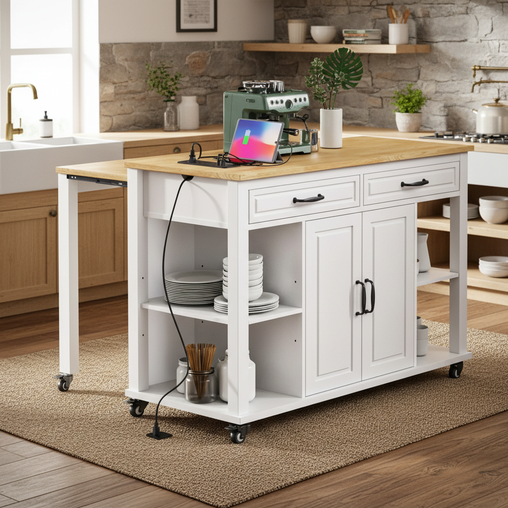 Athens 47" Rolling Kitchen Island with Extendable Dining Table and Power Outlet