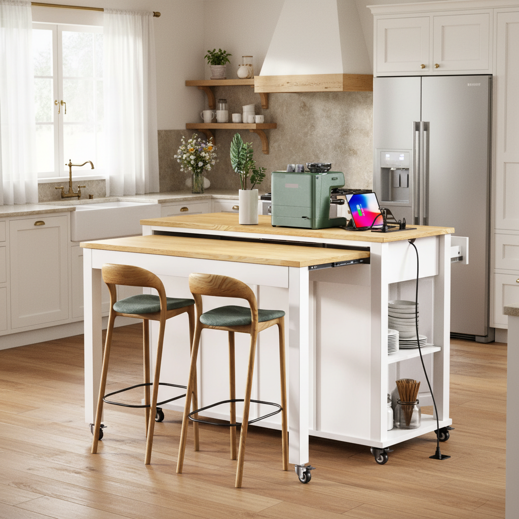 Athens 47" Rolling Kitchen Island with Extendable Dining Table and Power Outlet