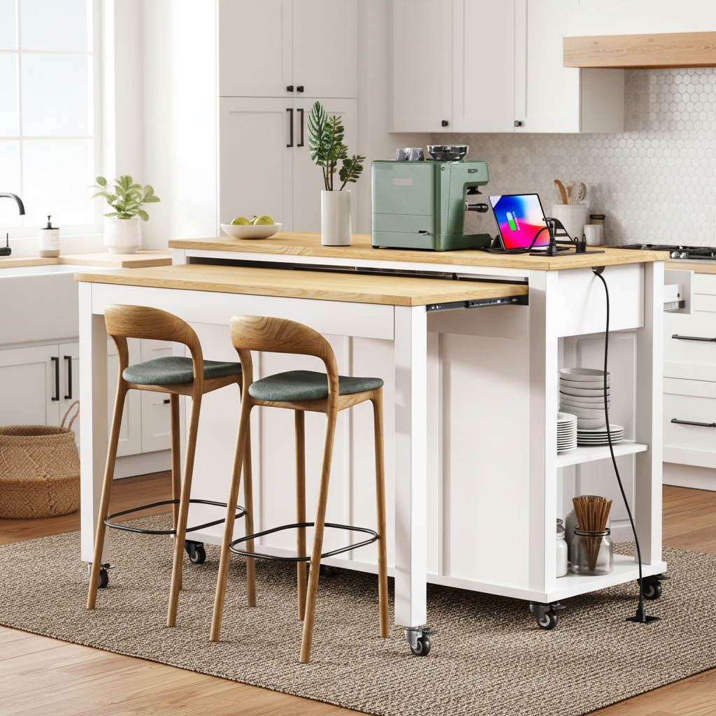 Athens 47" Rolling Kitchen Island with Extendable Dining Table and Power Outlet