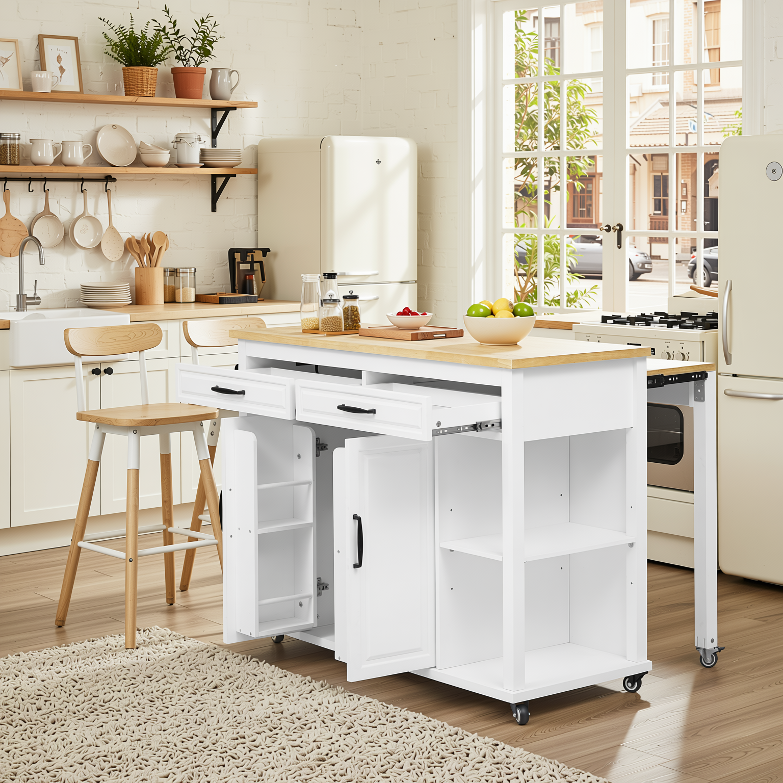 Athens 47" Rolling Kitchen Island with Extendable Dining Table and Power Outlet