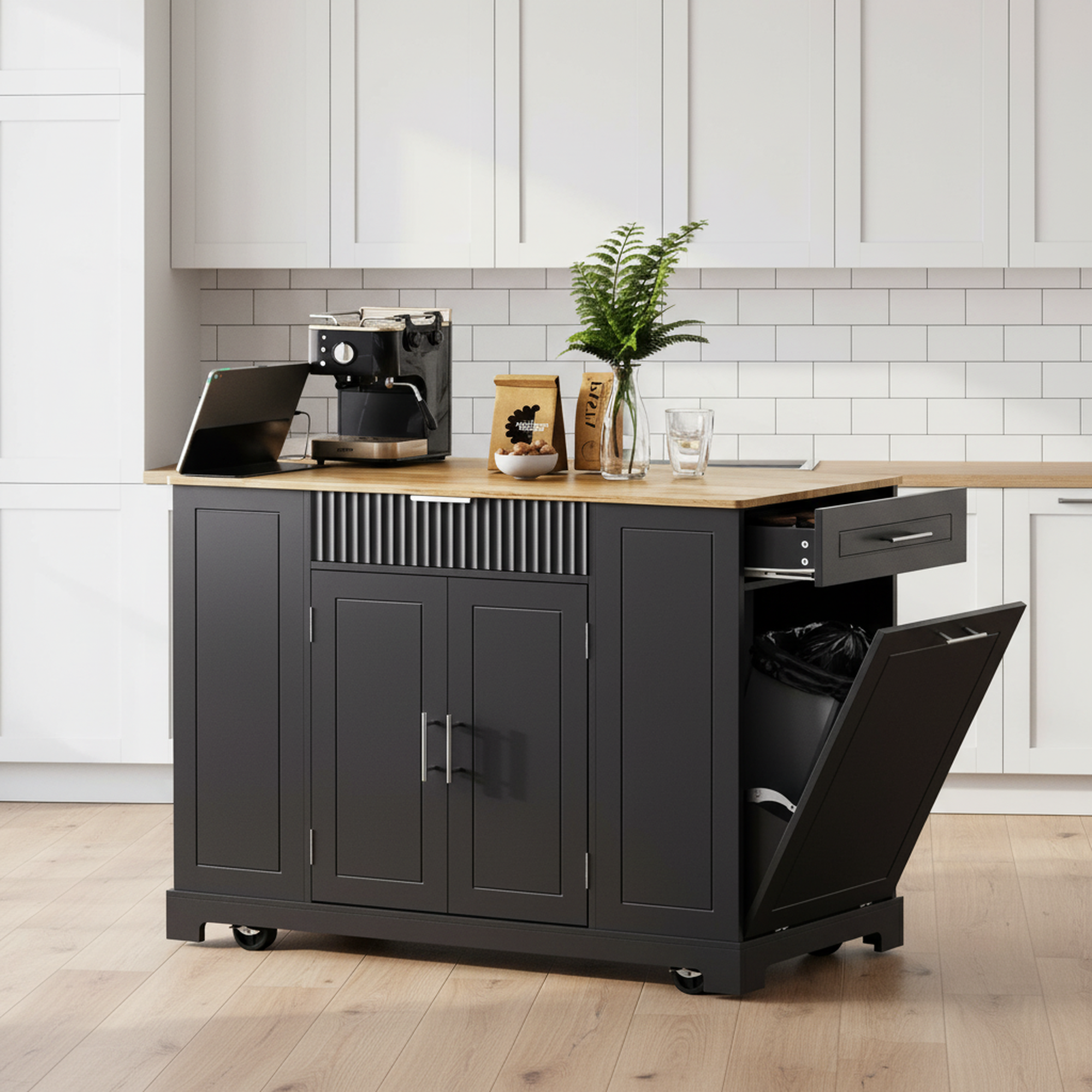 Talyn 55 Inch Fluted Kitchen Island with Power Outlet Trash Can Storage and Drawers