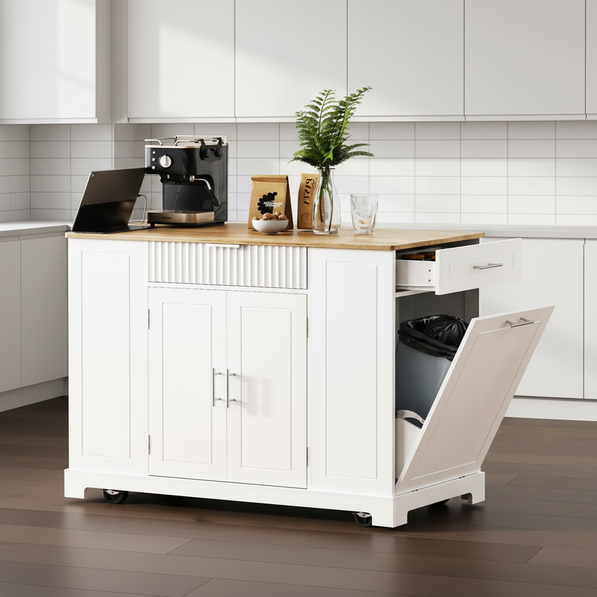 Talyn 55 Inch Fluted Kitchen Island with Power Outlet Trash Can Storage and Drawers