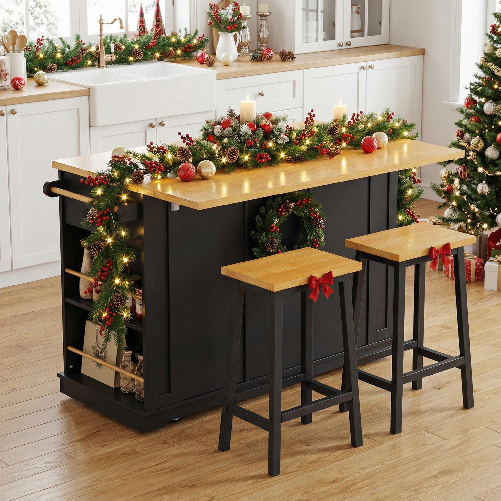 Maui 53" 3 Piece Kitchen Island Dining Table Set with 2 Stools