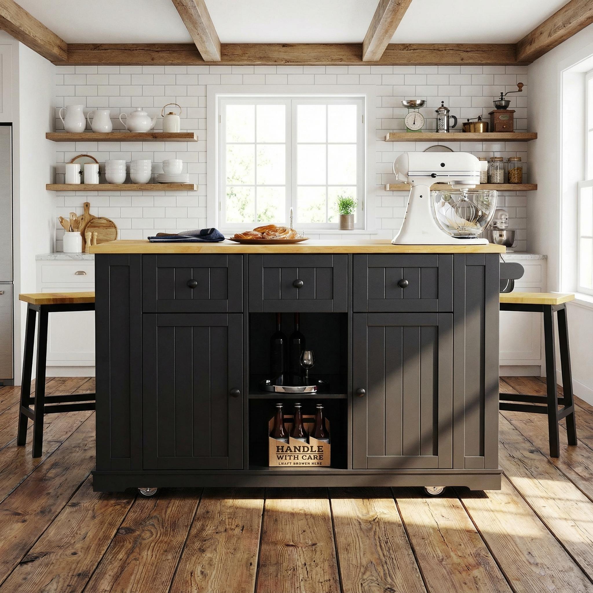 Maui 53" 3 Piece Kitchen Island Dining Table Set with 2 Stools