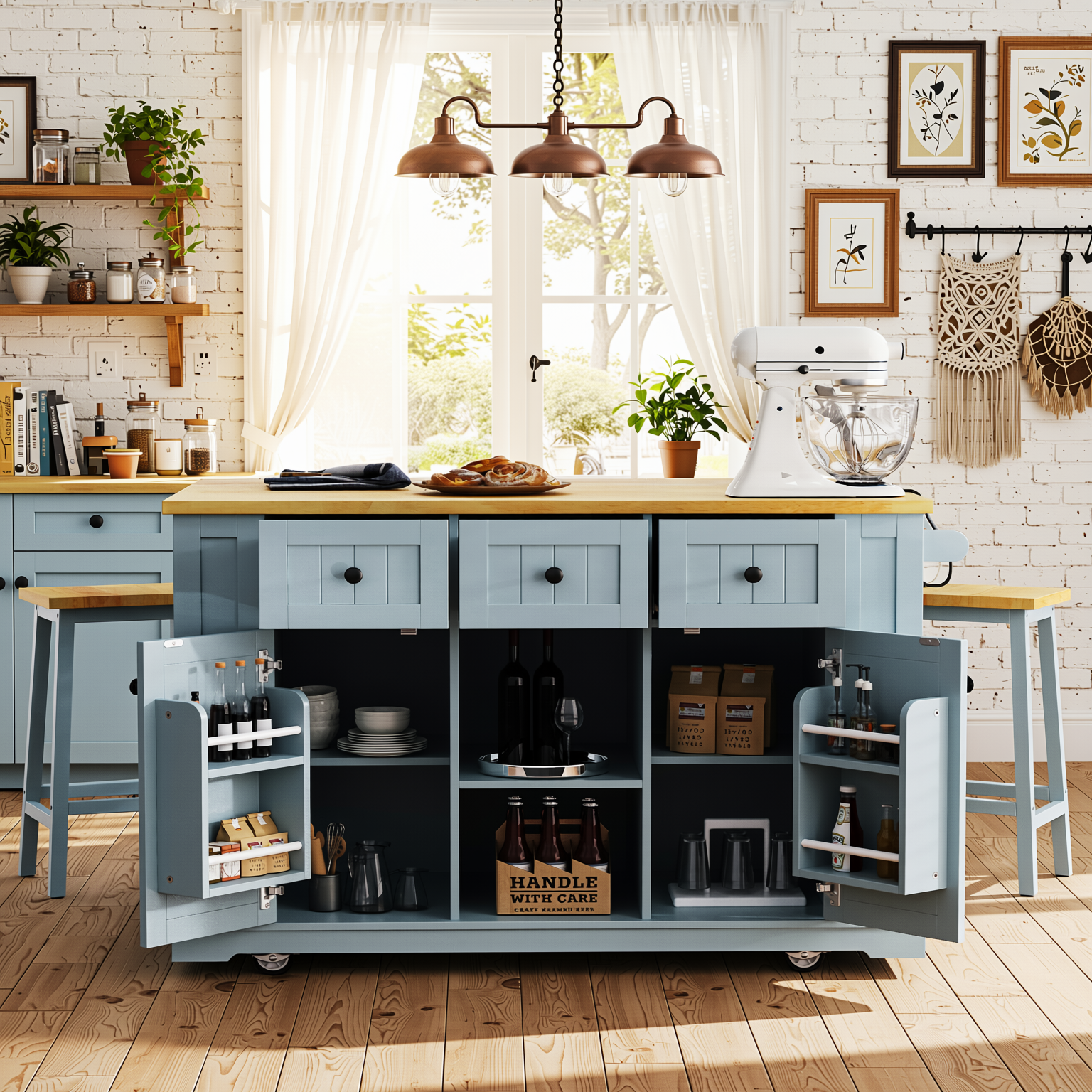 Maui 53" 3 Piece Kitchen Island Dining Table Set with 2 Stools