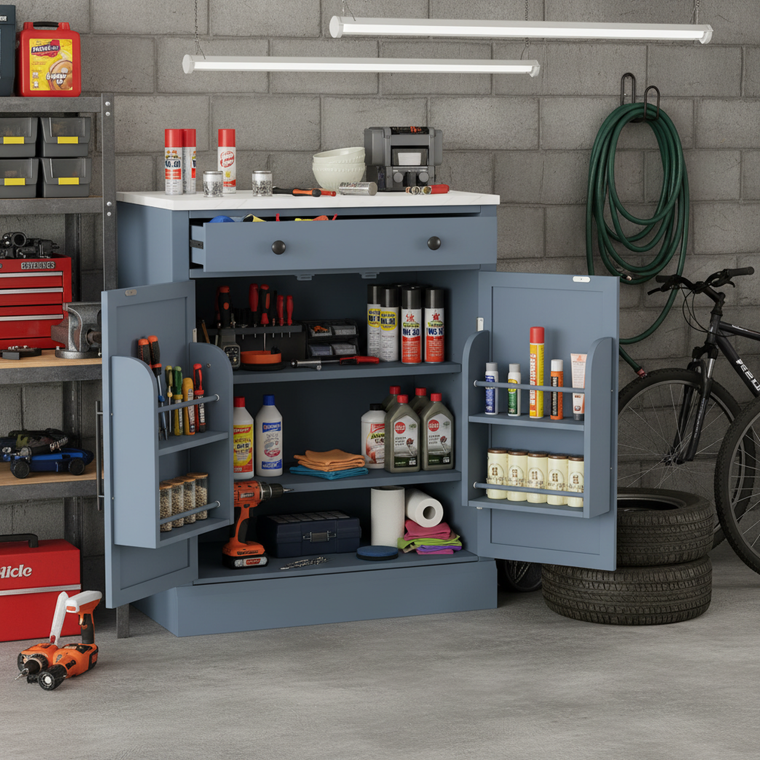 Modern Freestanding Kitchen Pantry,Buffet Food Storage, Coffee Bar Cabinet with Drawer, 2 Adjustable Shelves and 2 Door Shelves for Dining, Kitchen, Gray