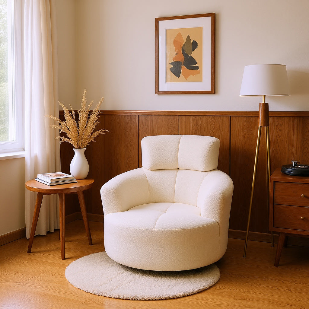 Cascade Boucle Swivel  Round Sofa Chair with Adjustable Headrest