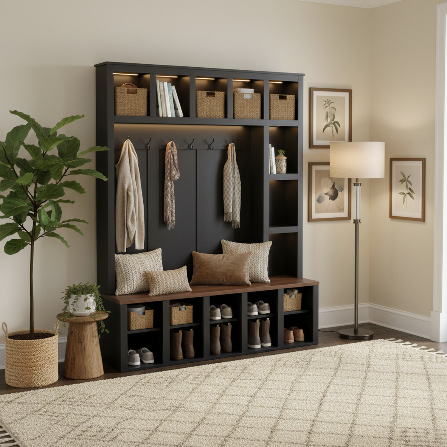 Visby 76.7"H Hall Tree with Shoe Storage, Black