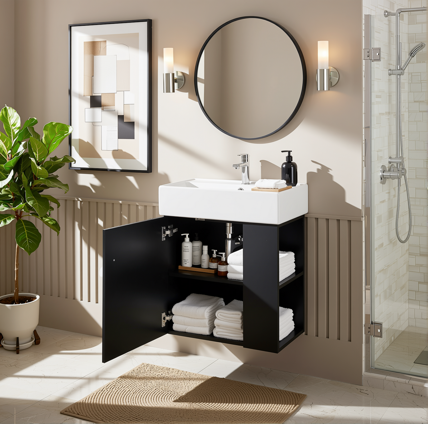 Ouray 22" Floating Bathroom Vanity with Ceramic Sink and Right-Side Open Shelves