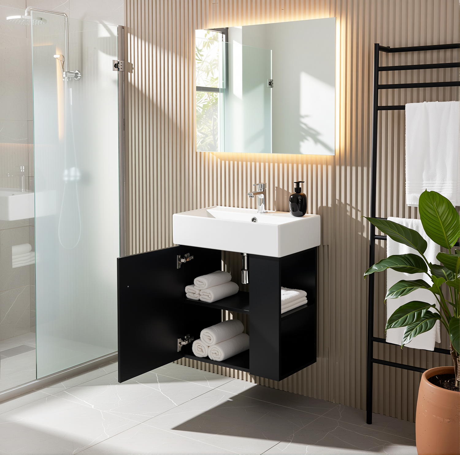 Ouray 22" Floating Bathroom Vanity with Ceramic Sink and Right-Side Open Shelves