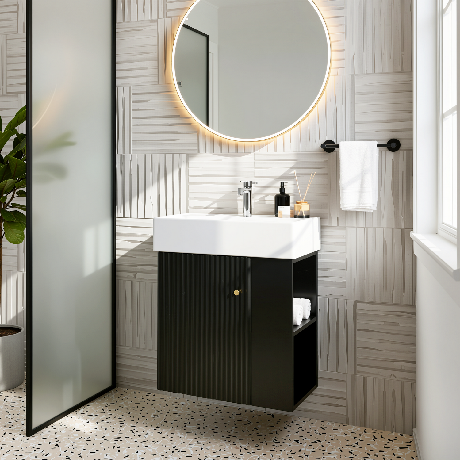 Ouray 22" Floating Bathroom Vanity with Ceramic Sink and Right-Side Open Shelves