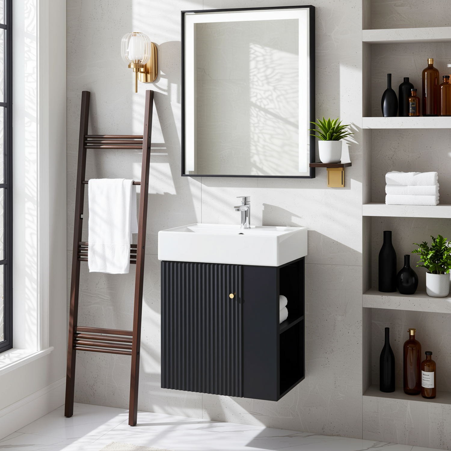 Ouray 22" Floating Bathroom Vanity with Ceramic Sink and Right-Side Open Shelves