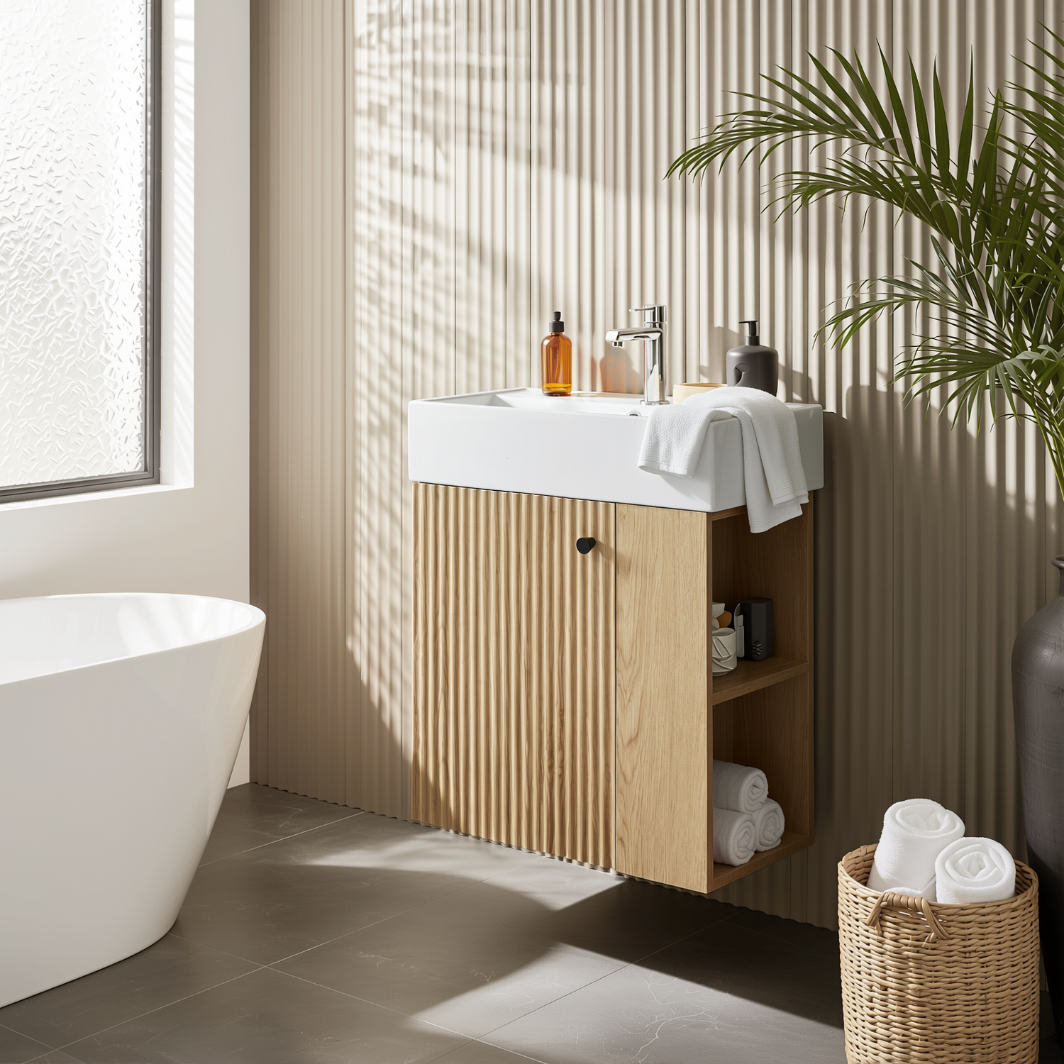 Ouray 22" Floating Bathroom Vanity with Ceramic Sink and Right-Side Open Shelves