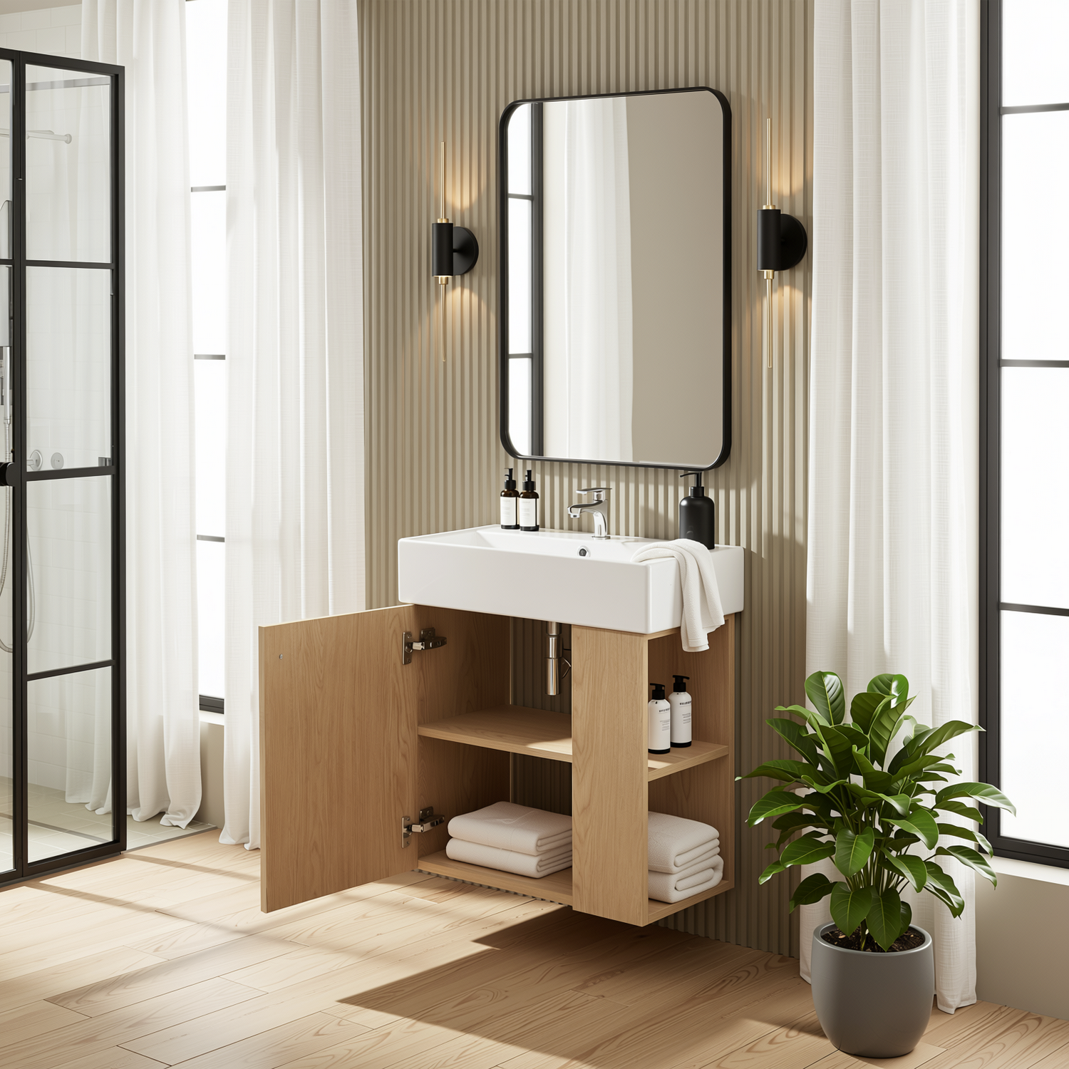 Ouray 22" Floating Bathroom Vanity with Ceramic Sink and Right-Side Open Shelves