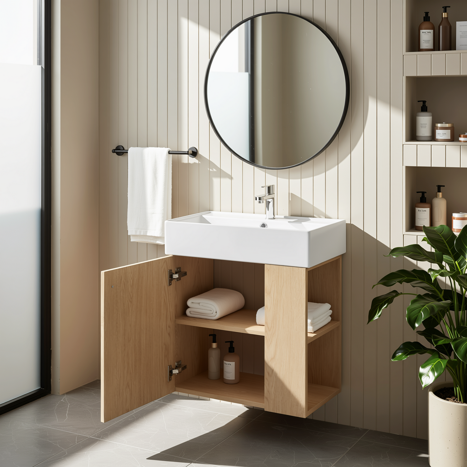 Ouray 22" Floating Bathroom Vanity with Ceramic Sink and Right-Side Open Shelves