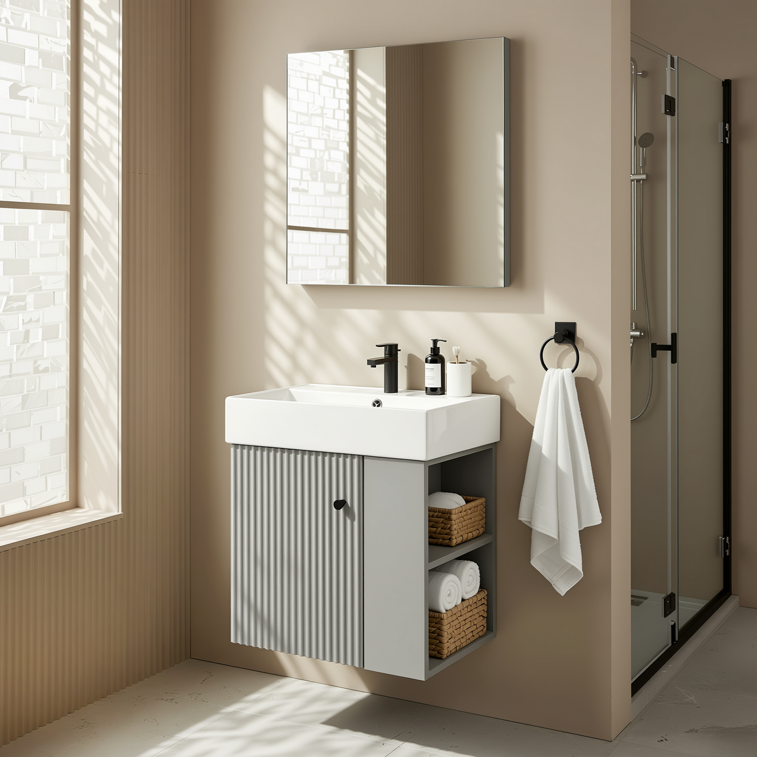 Ouray 22" Floating Bathroom Vanity with Ceramic Sink and Right-Side Open Shelves